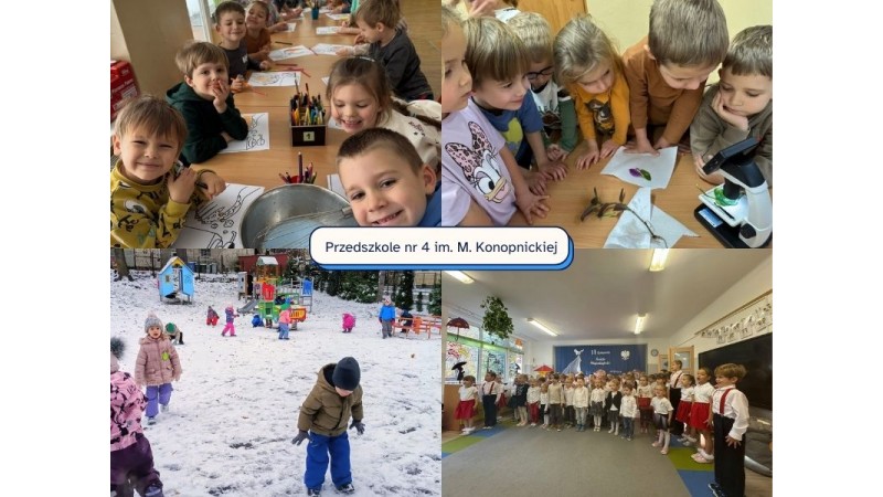 Kolaż zdjęć z przedszkola: dzieci rysują, obserwują liście pod mikroskopem, bawią się na śniegu oraz występują podczas uroczystości; na środku napis „Przedszkole nr 4 im. M. Konopnickiej”.